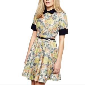 Closet London floral retro inspired collared belted skater‎ dress US size 6 New!